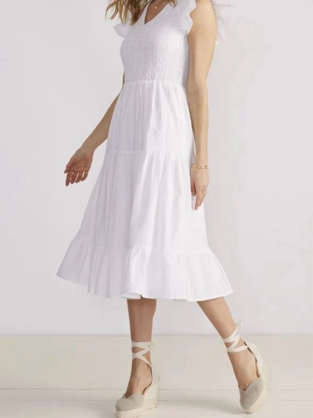 Vineyard Vines Smocked V Neck Midi Dress White Flutter Sleeve Cotton Small